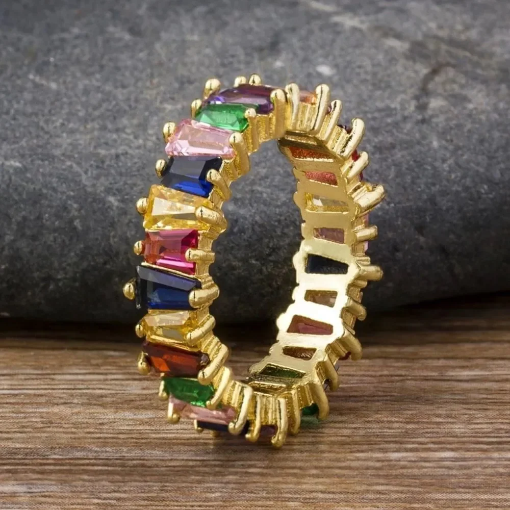 Rainbow Crystal Crooked Baguette Eternity Band Ring NWT